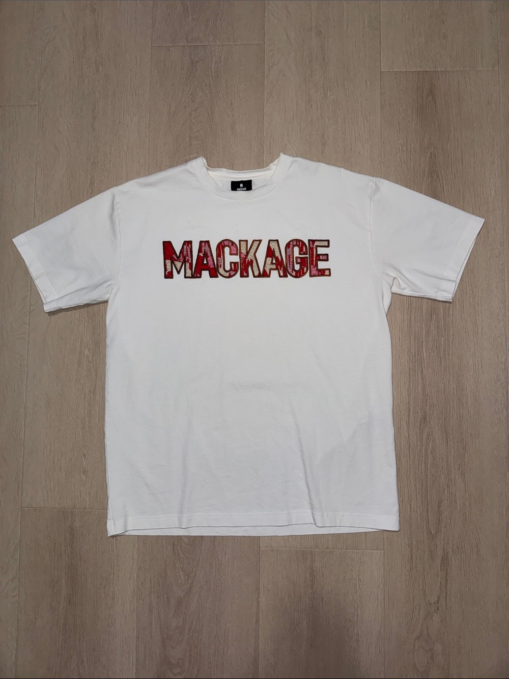 Mackage White Tee with Pink/Red Patterned Logo